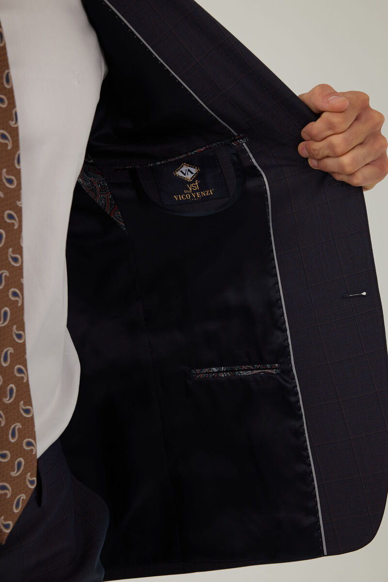 Erkek Lacivert-Kahve Kareli Klasik Takım Elbise - 7