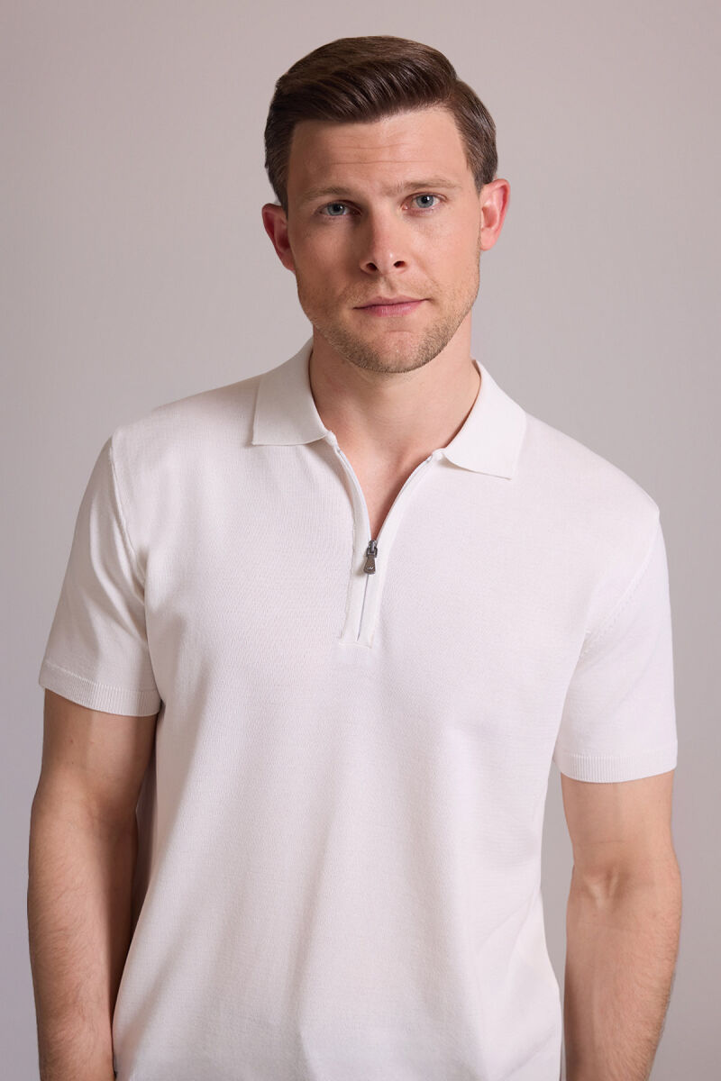 Erkek Kemik Regular Fit Polo Yaka Fermuarlı Triko Tişört - 1