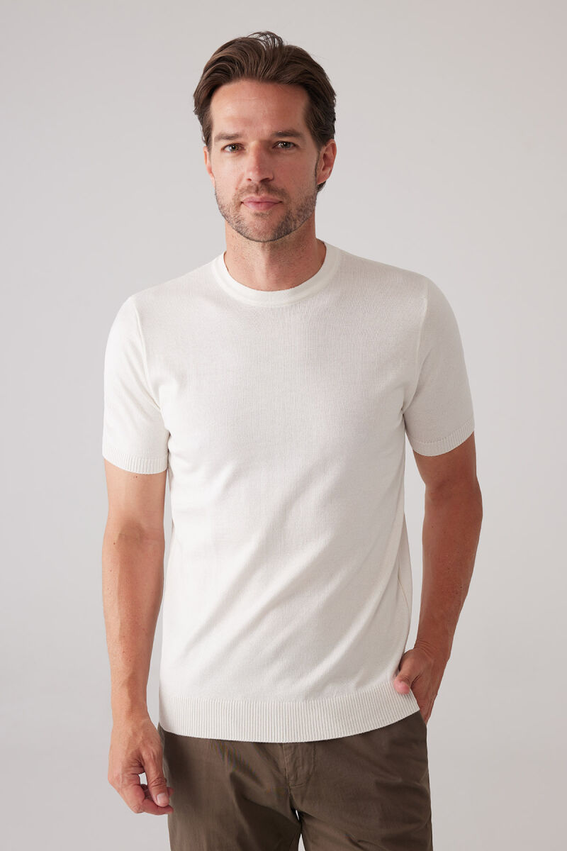 Erkek Kemik Slim Fit Bisiklet Yaka Yazlık Triko Tişört - 1