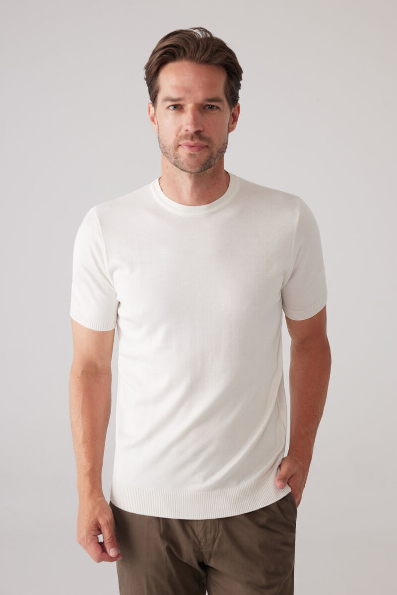 Erkek Kemik Slim Fit Bisiklet Yaka Yazlık Triko Tişört - 5
