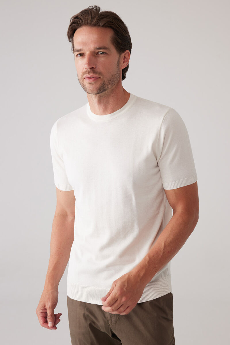 Erkek Kemik Slim Fit Bisiklet Yaka Yazlık Triko Tişört - 6