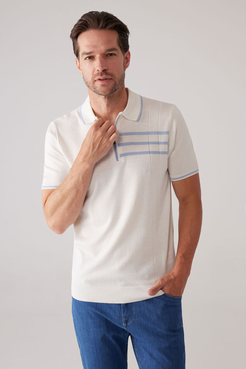 Erkek Kemik Slim Fit Hafif Çizgili Fermuarlı Polo Yaka Tişört - 1