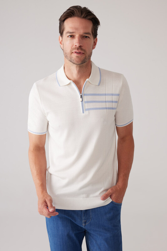 Erkek Kemik Slim Fit Hafif Çizgili Fermuarlı Polo Yaka Tişört
