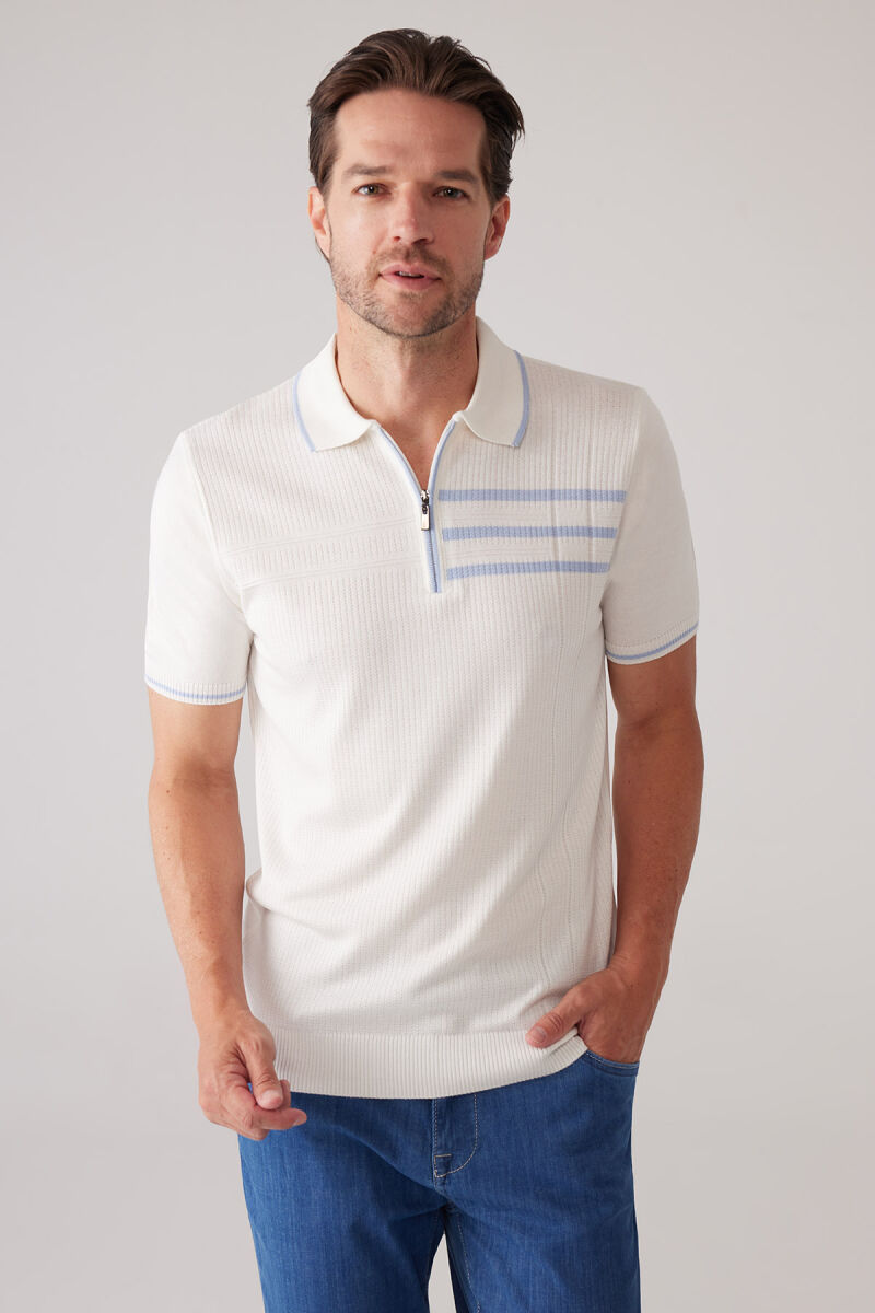 Erkek Kemik Slim Fit Hafif Çizgili Fermuarlı Polo Yaka Tişört - 3