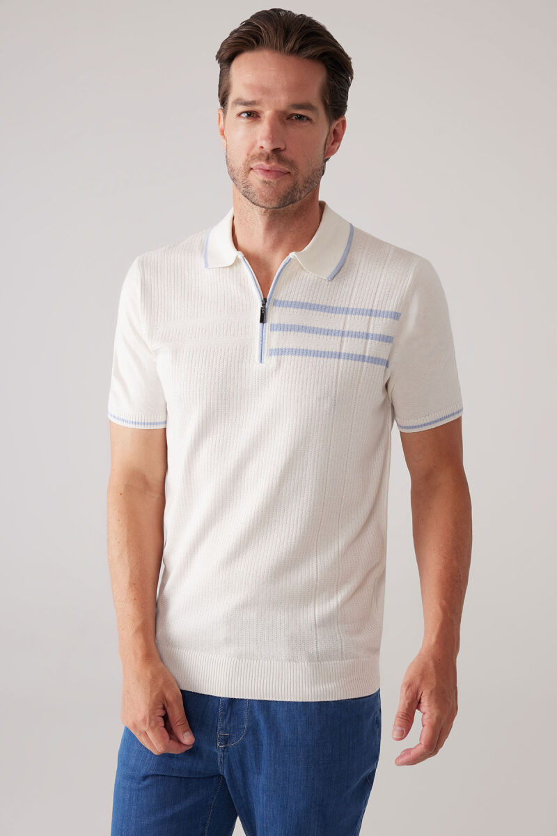 Erkek Kemik Slim Fit Hafif Çizgili Fermuarlı Polo Yaka Tişört - 4