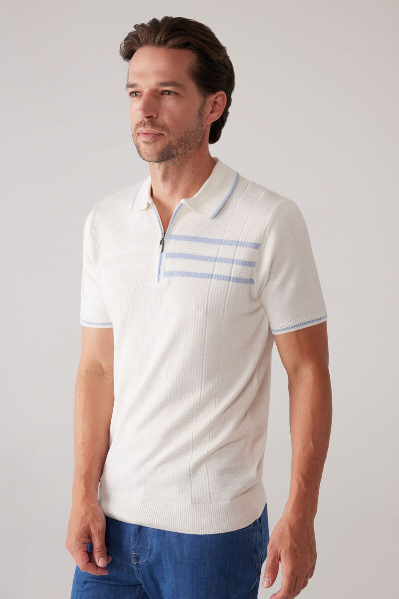 Erkek Kemik Slim Fit Hafif Çizgili Fermuarlı Polo Yaka Tişört - 5