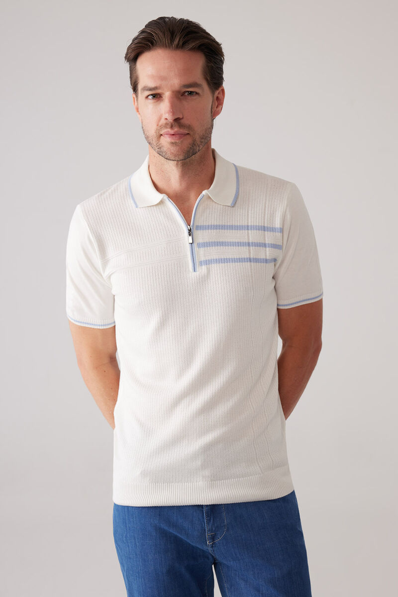 Erkek Kemik Slim Fit Hafif Çizgili Fermuarlı Polo Yaka Tişört - 6