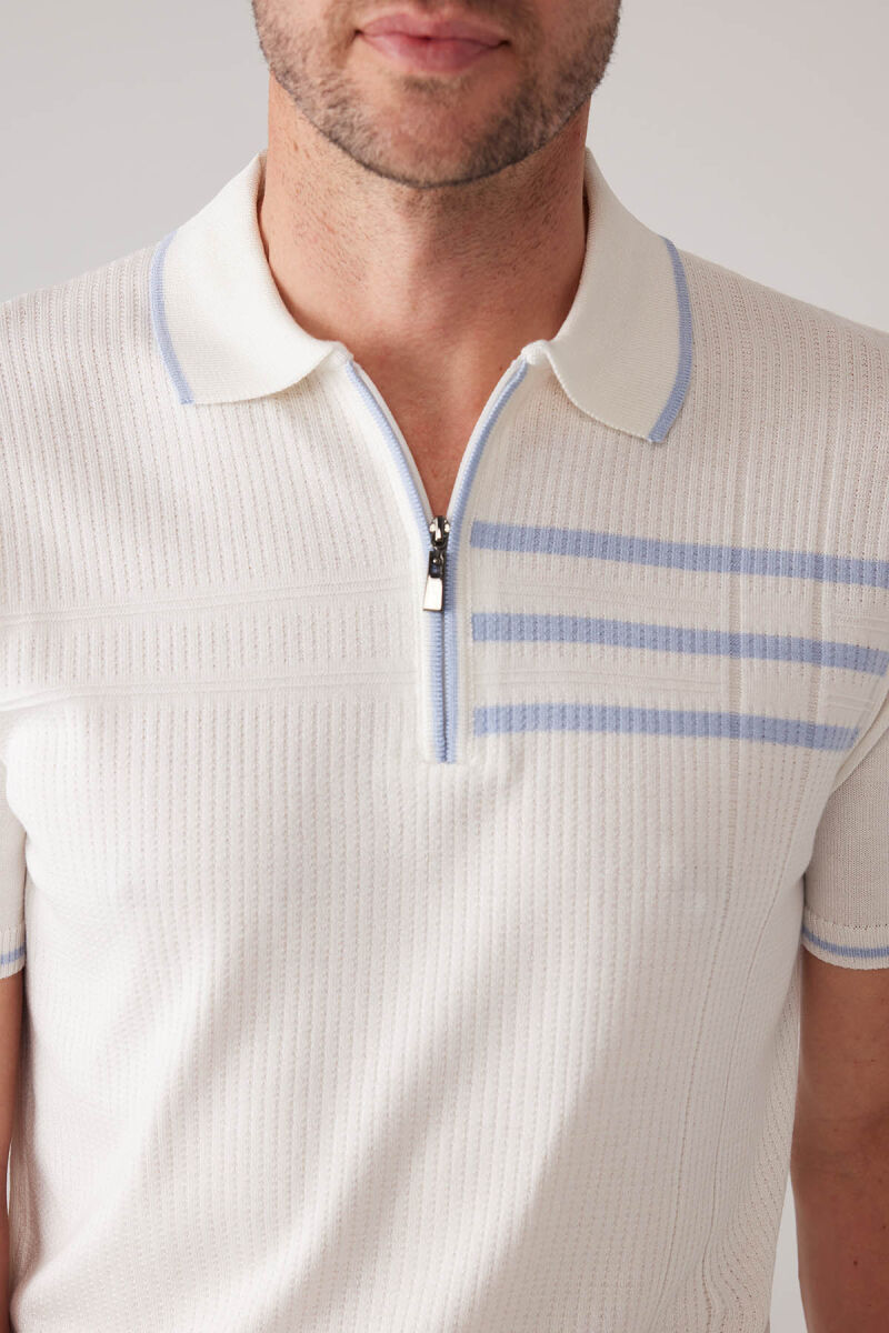 Erkek Kemik Slim Fit Hafif Çizgili Fermuarlı Polo Yaka Tişört - 7