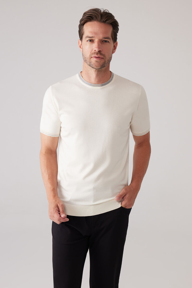 Erkek Kemik Slim Fit Kaşmir Karışımlı Bisiklet Yaka Tişört - 1