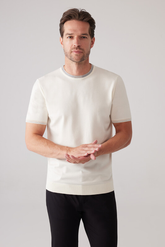 Erkek Kemik Slim Fit Kaşmir Karışımlı Bisiklet Yaka Tişört