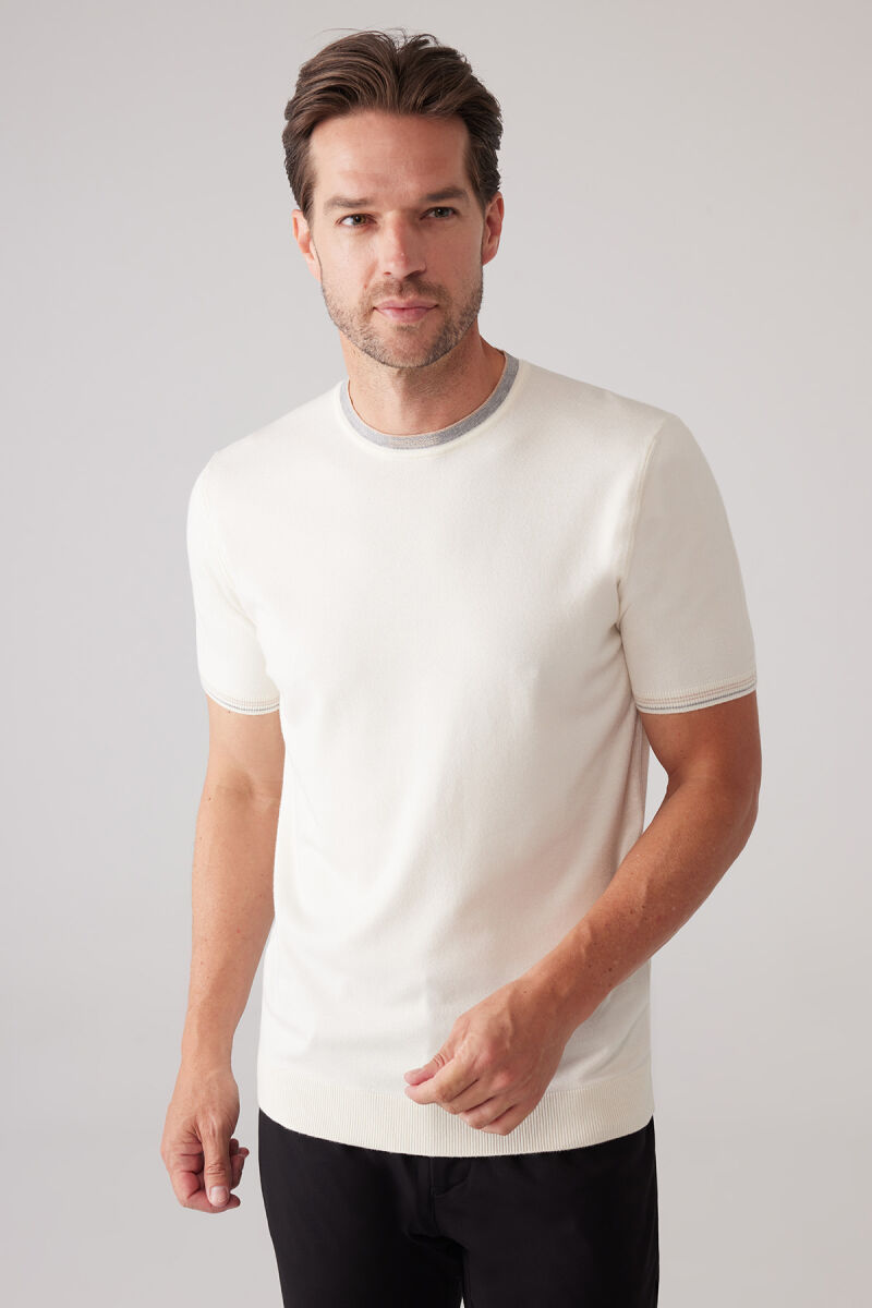 Erkek Kemik Slim Fit Kaşmir Karışımlı Bisiklet Yaka Tişört - 5