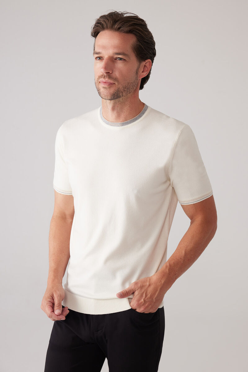 Erkek Kemik Slim Fit Kaşmir Karışımlı Bisiklet Yaka Tişört - 6