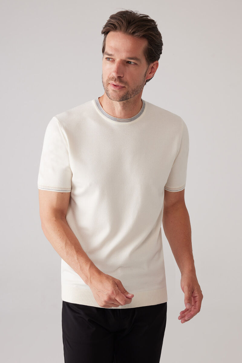 Erkek Kemik Slim Fit Kaşmir Karışımlı Bisiklet Yaka Tişört - 8