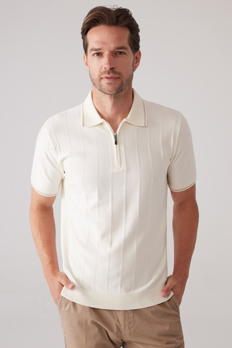 Erkek Kemik Slim Fit Kaşmir Karışımlı Fermuarlı Polo Yaka Tişört - 1