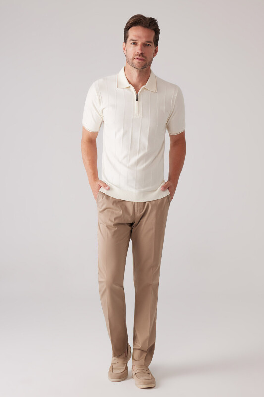 Erkek Kemik Slim Fit Kaşmir Karışımlı Fermuarlı Polo Yaka Tişört