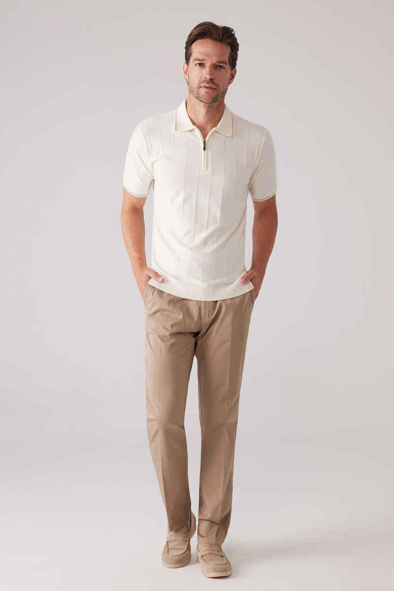 Erkek Kemik Slim Fit Kaşmir Karışımlı Fermuarlı Polo Yaka Tişört - 2