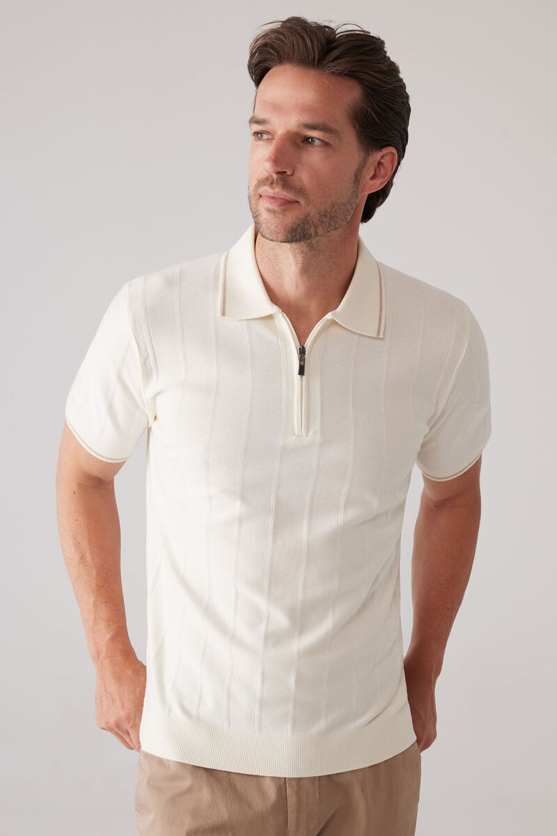 Erkek Kemik Slim Fit Kaşmir Karışımlı Fermuarlı Polo Yaka Tişört - 3