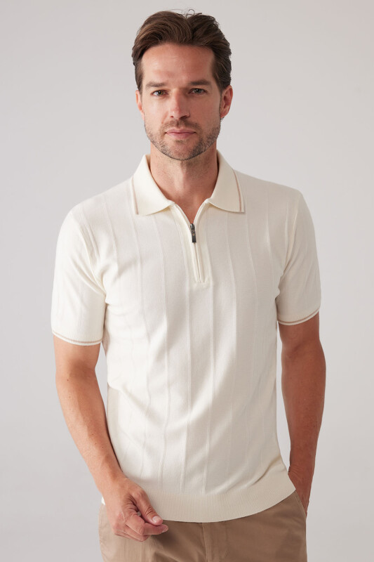 Erkek Kemik Slim Fit Kaşmir Karışımlı Fermuarlı Polo Yaka Tişört