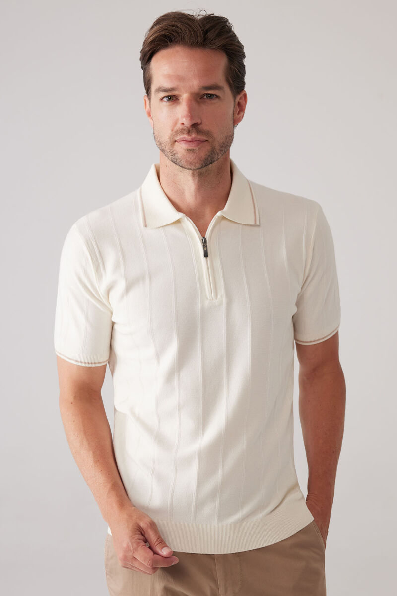 Erkek Kemik Slim Fit Kaşmir Karışımlı Fermuarlı Polo Yaka Tişört - 4