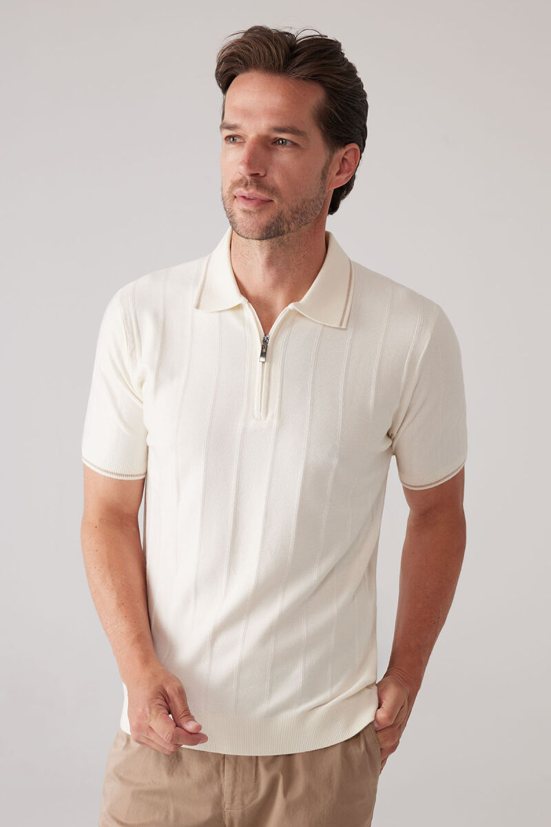 Erkek Kemik Slim Fit Kaşmir Karışımlı Fermuarlı Polo Yaka Tişört - 5