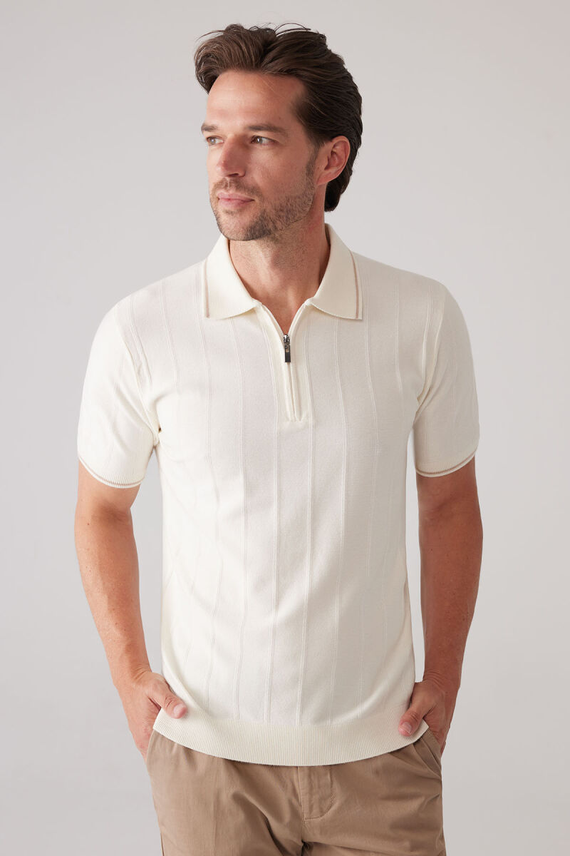 Erkek Kemik Slim Fit Kaşmir Karışımlı Fermuarlı Polo Yaka Tişört - 6