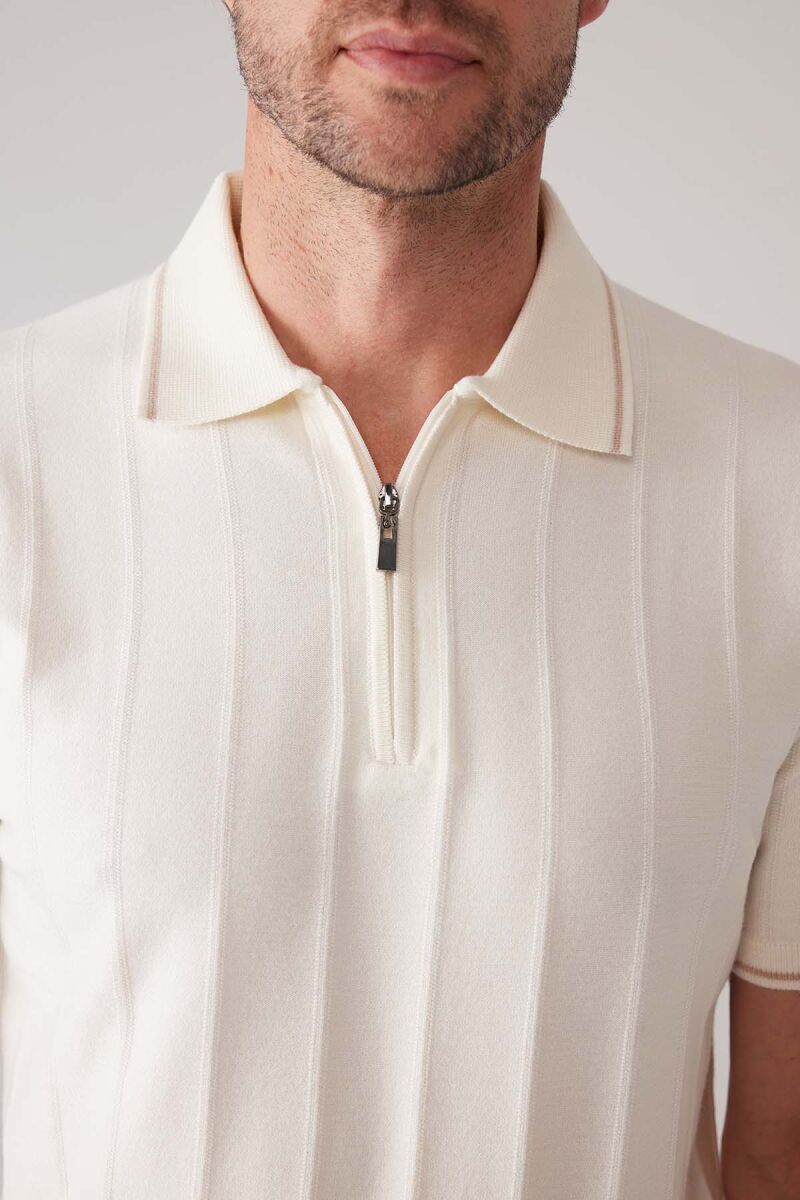 Erkek Kemik Slim Fit Kaşmir Karışımlı Fermuarlı Polo Yaka Tişört - 7