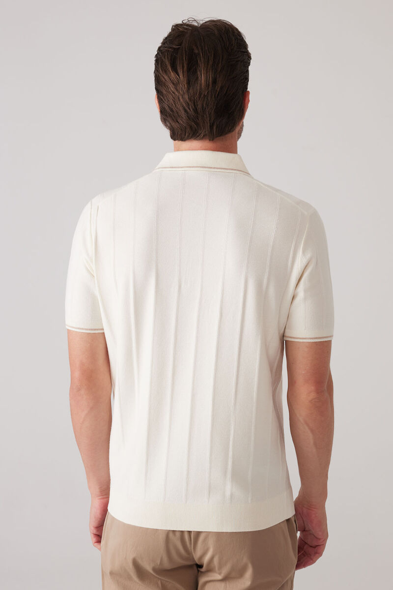 Erkek Kemik Slim Fit Kaşmir Karışımlı Fermuarlı Polo Yaka Tişört - 8