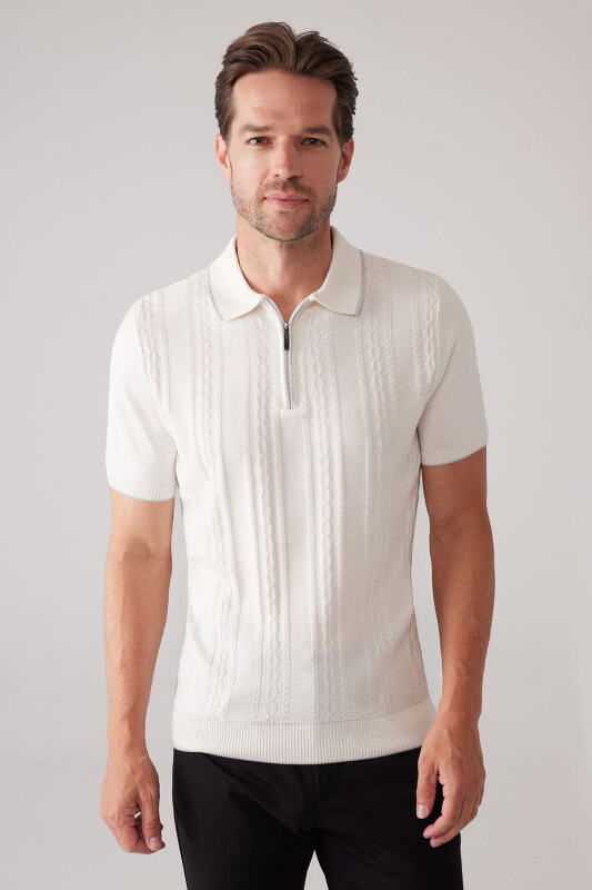 Erkek Kemik Slim Fit Örgü Desen Fermuarlı Polo Yaka Tişört