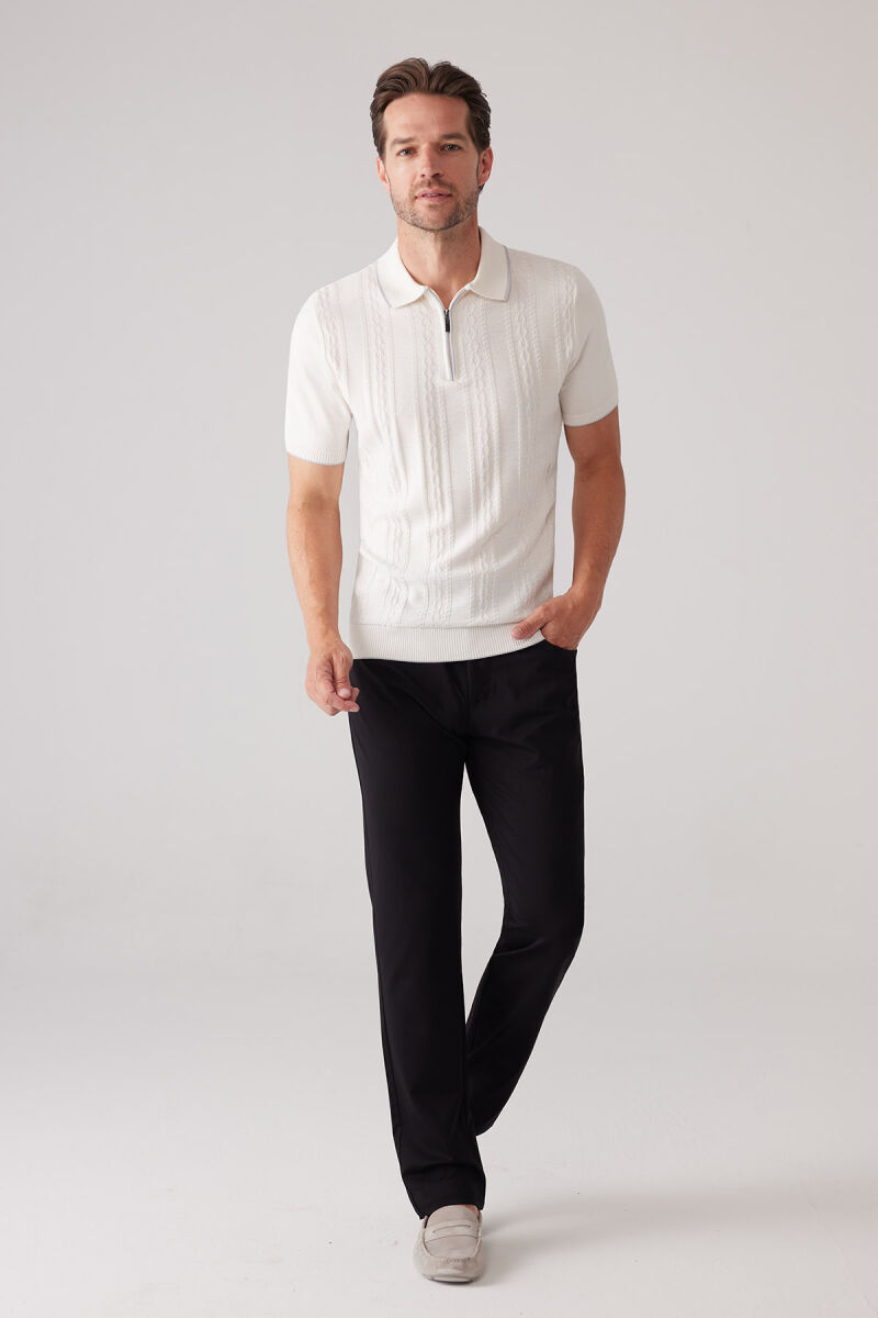 Erkek Kemik Slim Fit Örgü Desen Fermuarlı Polo Yaka Tişört - 2