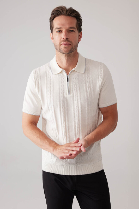 Erkek Kemik Slim Fit Örgü Desen Fermuarlı Polo Yaka Tişört