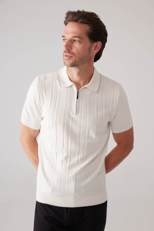 Erkek Kemik Slim Fit Örgü Desen Fermuarlı Polo Yaka Tişört