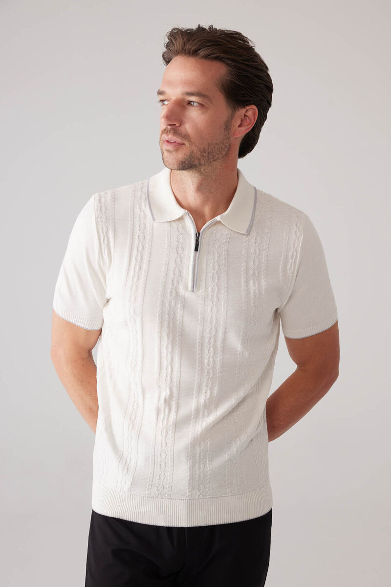 Erkek Kemik Slim Fit Örgü Desen Fermuarlı Polo Yaka Tişört - 4