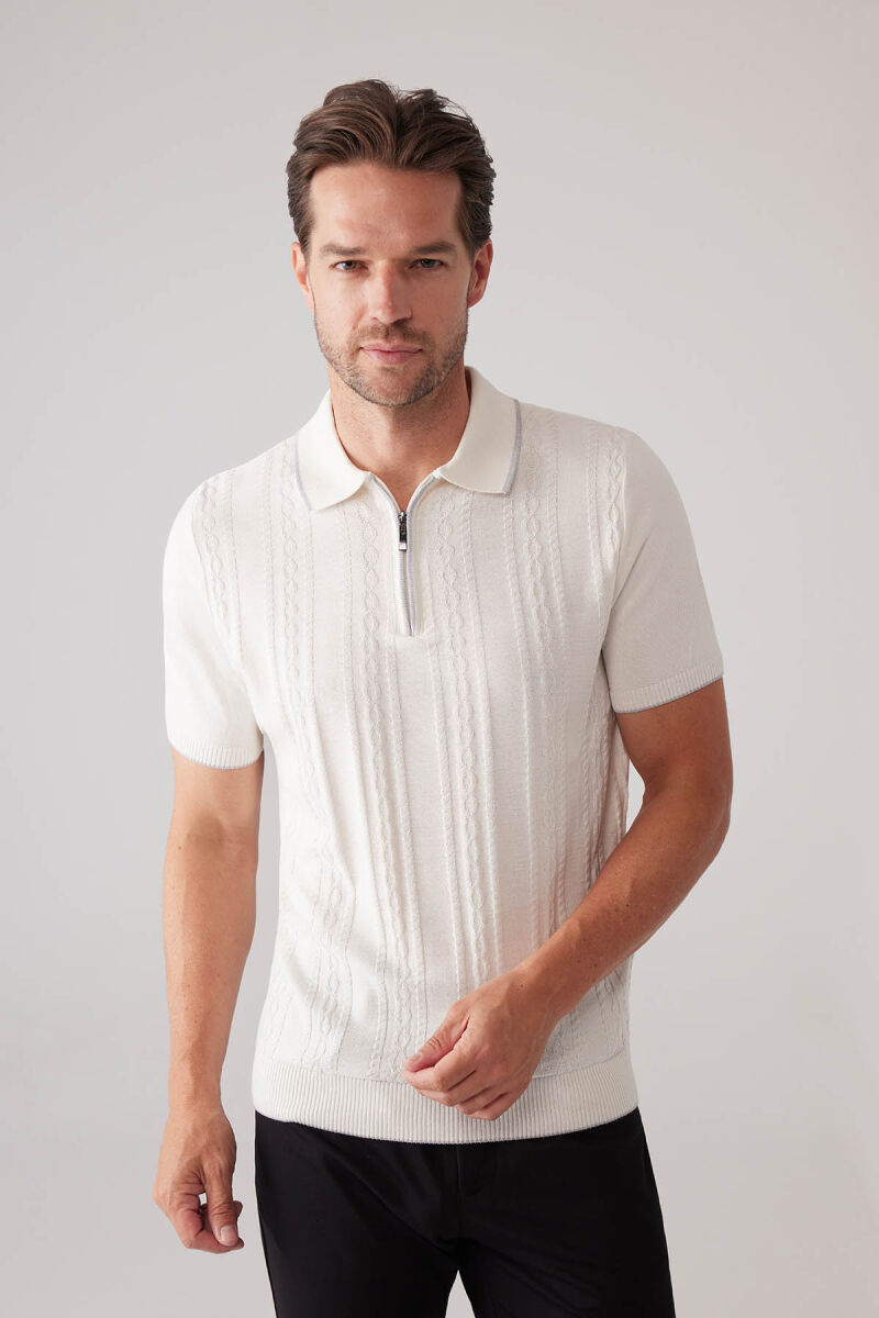 Erkek Kemik Slim Fit Örgü Desen Fermuarlı Polo Yaka Tişört - 5
