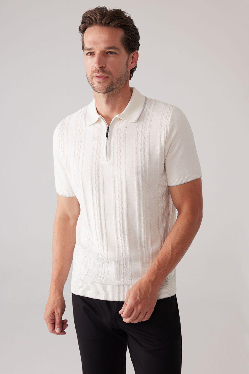 Erkek Kemik Slim Fit Örgü Desen Fermuarlı Polo Yaka Tişört - 6