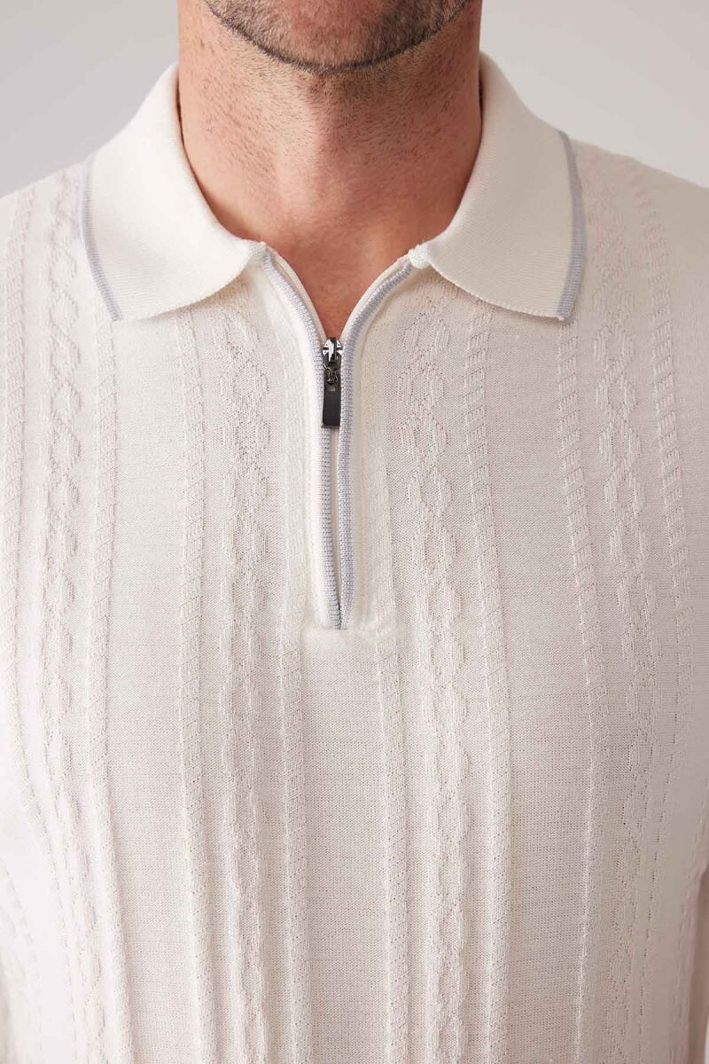 Erkek Kemik Slim Fit Örgü Desen Fermuarlı Polo Yaka Tişört - 7