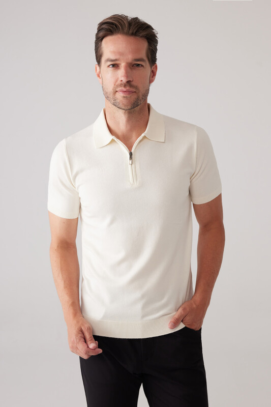 Erkek Kemik Slim Fit Yarım Fermuarlı Pamuk-Kaşmir Polo Tişört