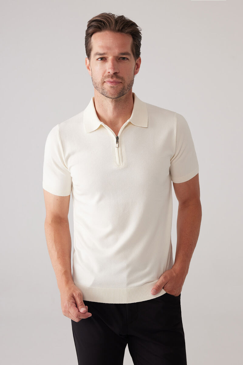 Erkek Kemik Slim Fit Yarım Fermuarlı Pamuk-Kaşmir Polo Tişört - 1