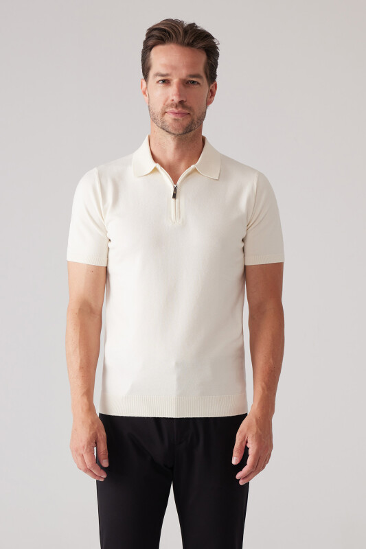 Erkek Kemik Slim Fit Yarım Fermuarlı Pamuk-Kaşmir Polo Tişört
