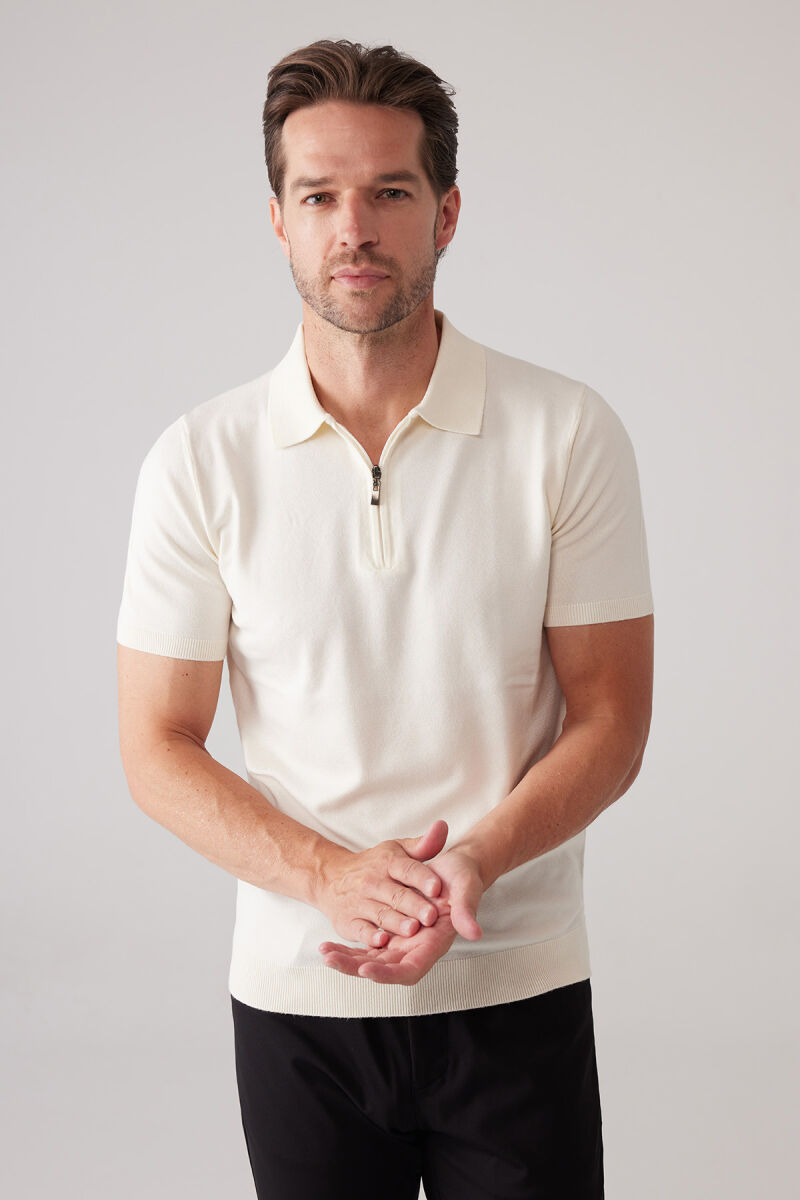Erkek Kemik Slim Fit Yarım Fermuarlı Pamuk-Kaşmir Polo Tişört - 4