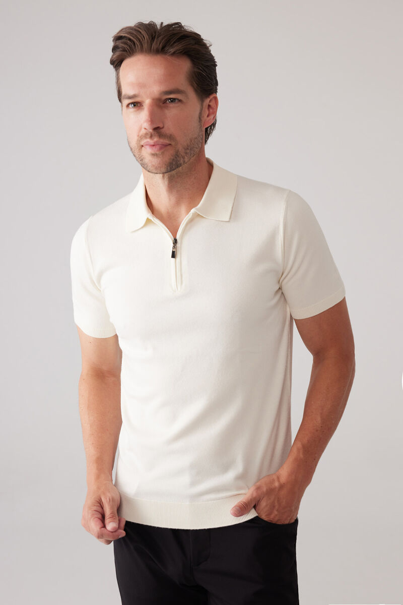 Erkek Kemik Slim Fit Yarım Fermuarlı Pamuk-Kaşmir Polo Tişört - 5