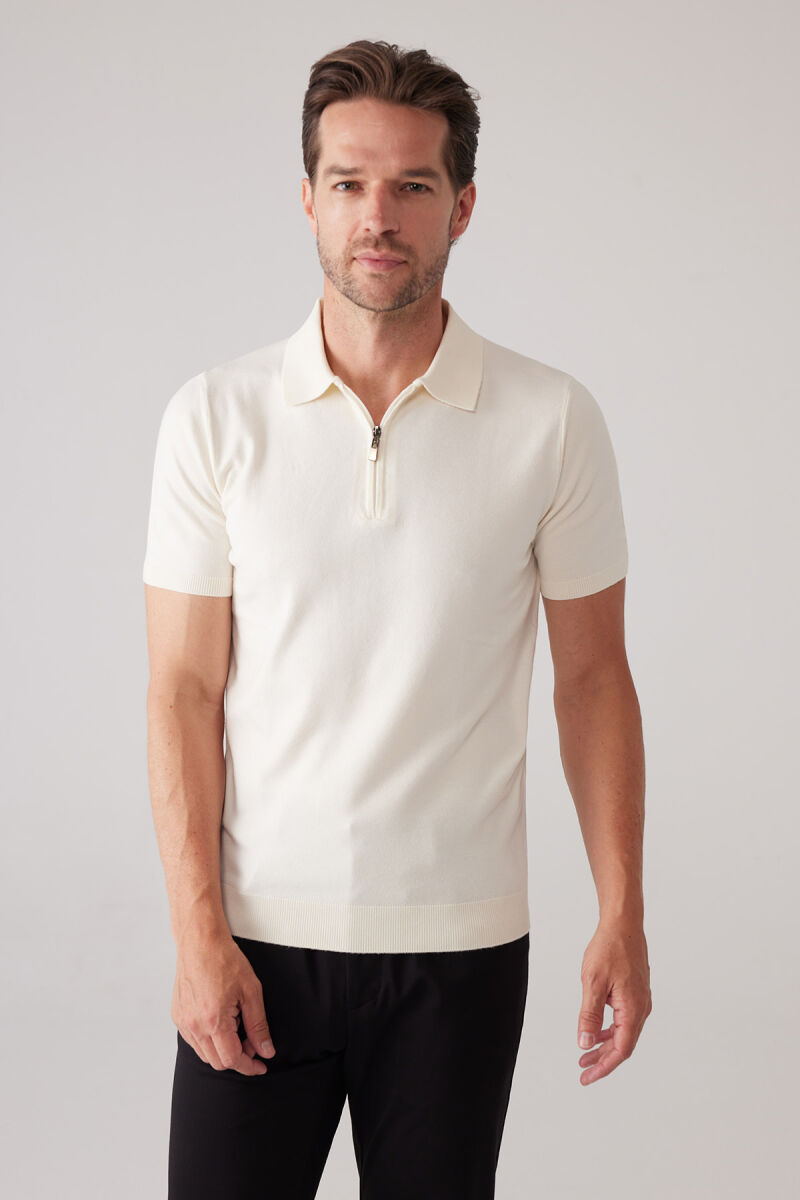 Erkek Kemik Slim Fit Yarım Fermuarlı Pamuk-Kaşmir Polo Tişört - 6