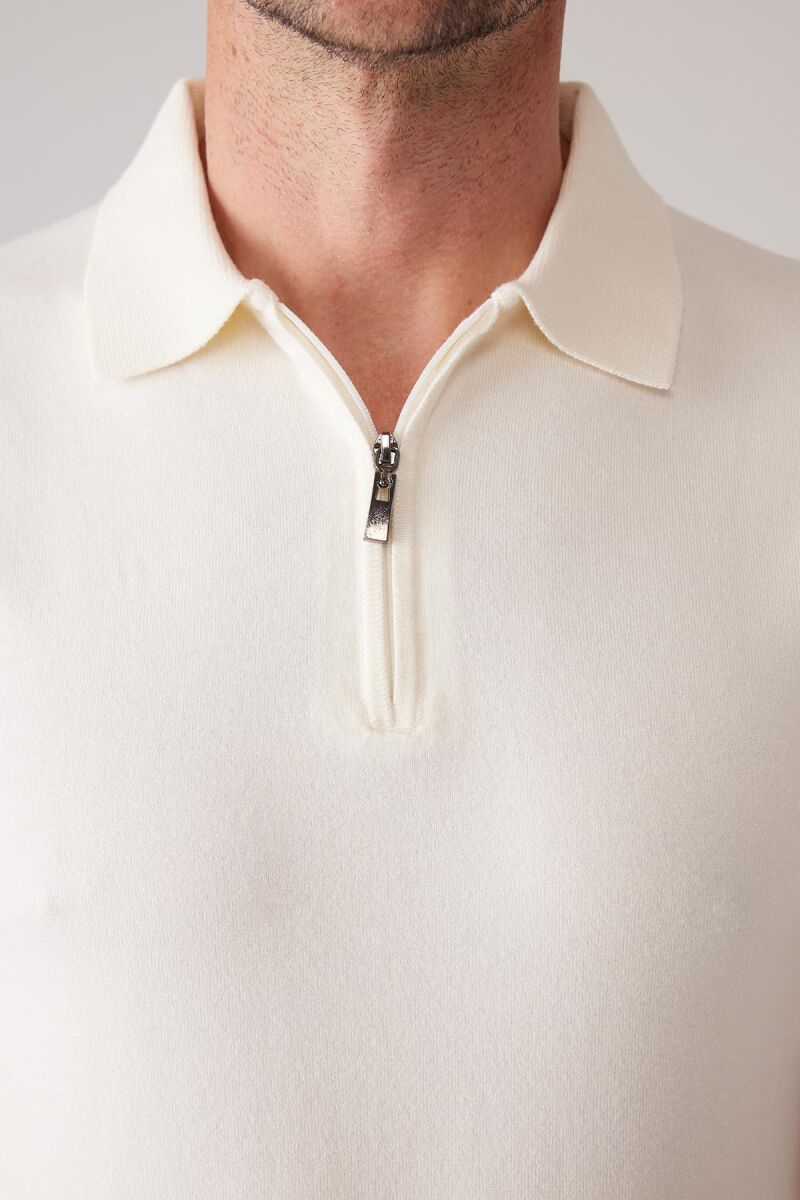 Erkek Kemik Slim Fit Yarım Fermuarlı Pamuk-Kaşmir Polo Tişört - 7