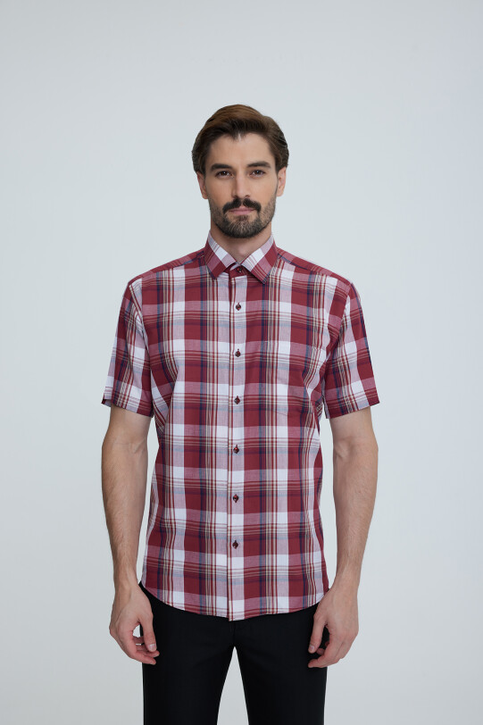Erkek Kiremit Regular Fit Ekoseli Kısa Kol Yaka Düğmeli Gömlek