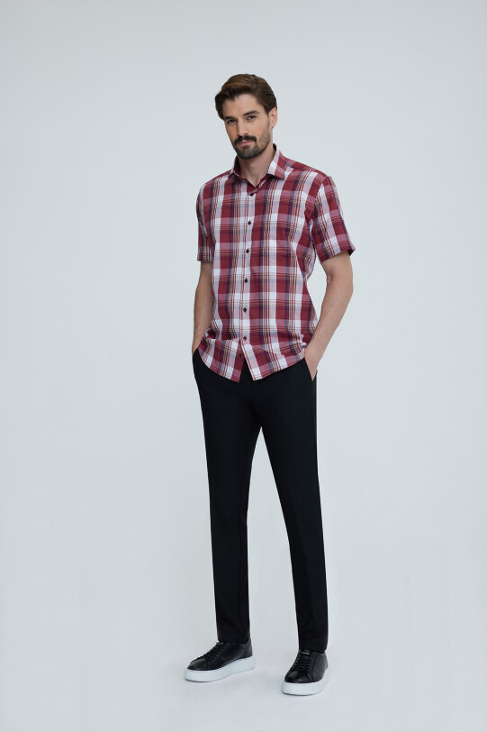 Erkek Kiremit Regular Fit Ekoseli Kısa Kol Yaka Düğmeli Gömlek