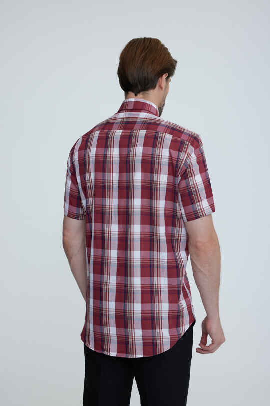 Erkek Kiremit Regular Fit Ekoseli Kısa Kol Yaka Düğmeli Gömlek