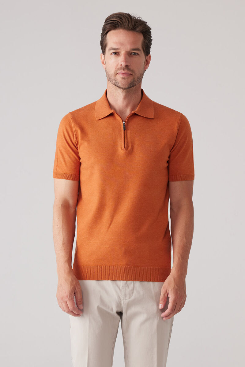 Erkek Kiremit Slim Fit Yarım Fermuarlı Pamuk-Kaşmir Polo Tişört - 1