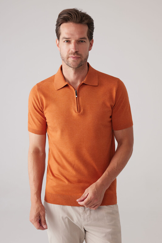 Erkek Kiremit Slim Fit Yarım Fermuarlı Pamuk-Kaşmir Polo Tişört