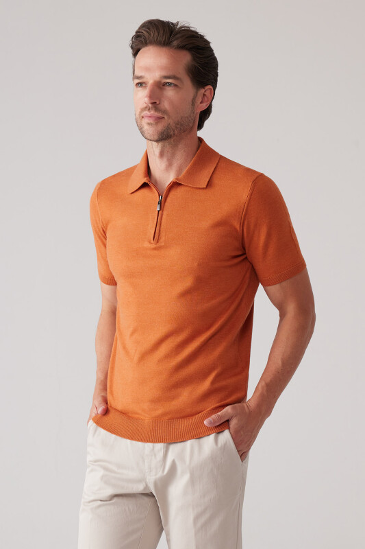 Erkek Kiremit Slim Fit Yarım Fermuarlı Pamuk-Kaşmir Polo Tişört