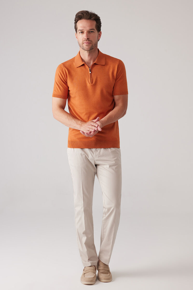 Erkek Kiremit Slim Fit Yarım Fermuarlı Pamuk-Kaşmir Polo Tişört - 5