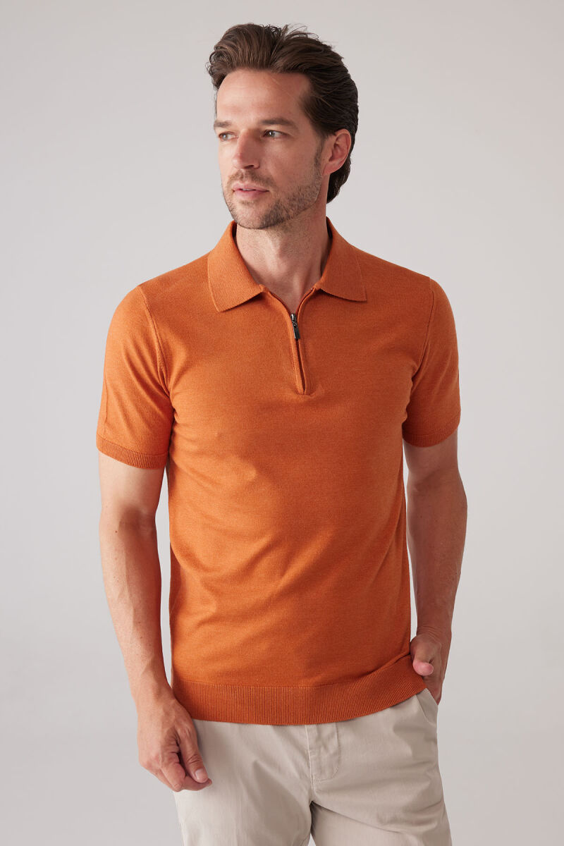 Erkek Kiremit Slim Fit Yarım Fermuarlı Pamuk-Kaşmir Polo Tişört - 6